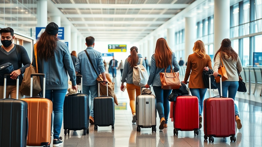 공항 터미널에서 각기 다른 크기의 캐리어를 끌고 이동하는 다양한 여행객들의 모습