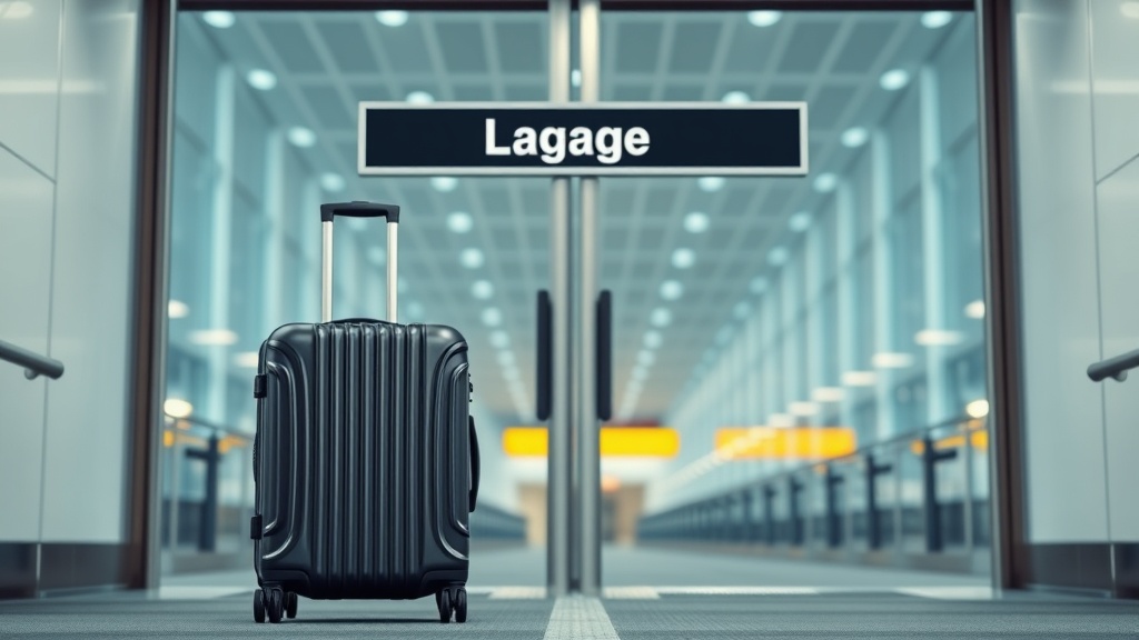 공항 게이트 앞에 비치된 수하물 크기 측정 기구와 20인치 캐리어의 모습