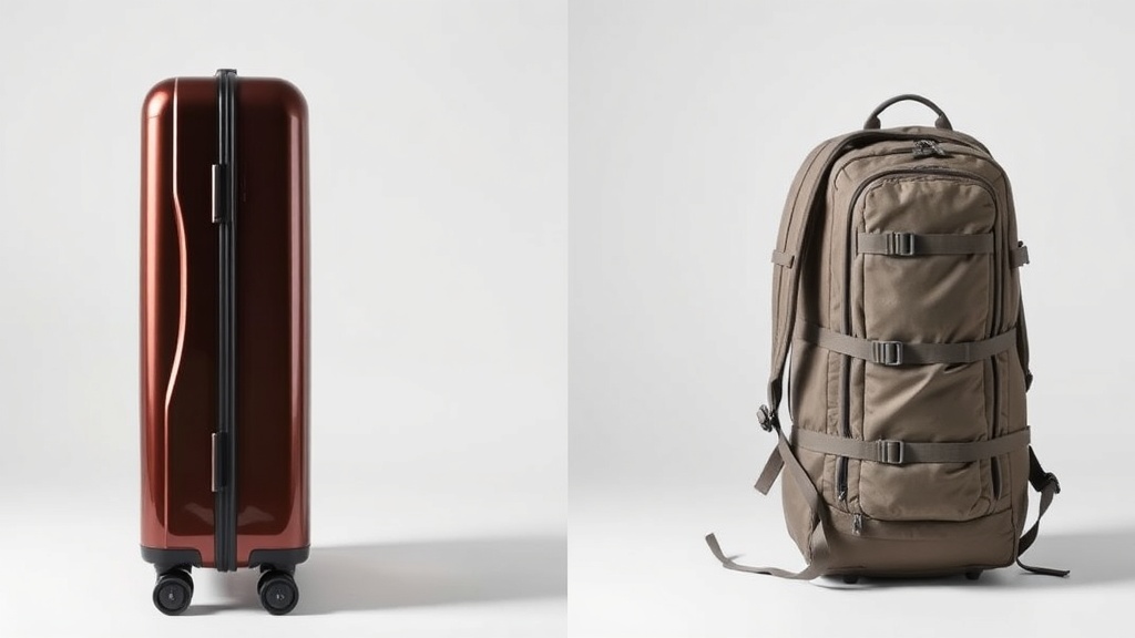 현대적인 디자인의 하드 캐리어와 기능적인 여행용 소프트 백팩이 나란히 놓여 있는 모습