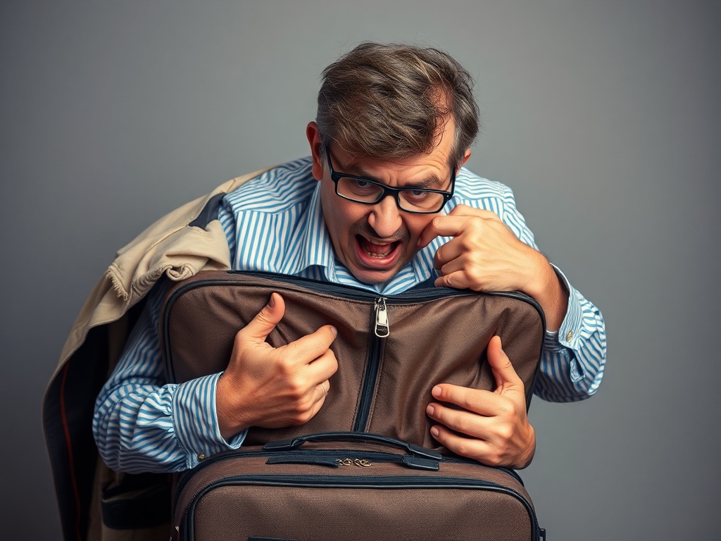 짐이 너무 많아 닫히지 않는 캐리어 위에서 난감해하며 억지로 지퍼를 닫으려는 여행객의 모습