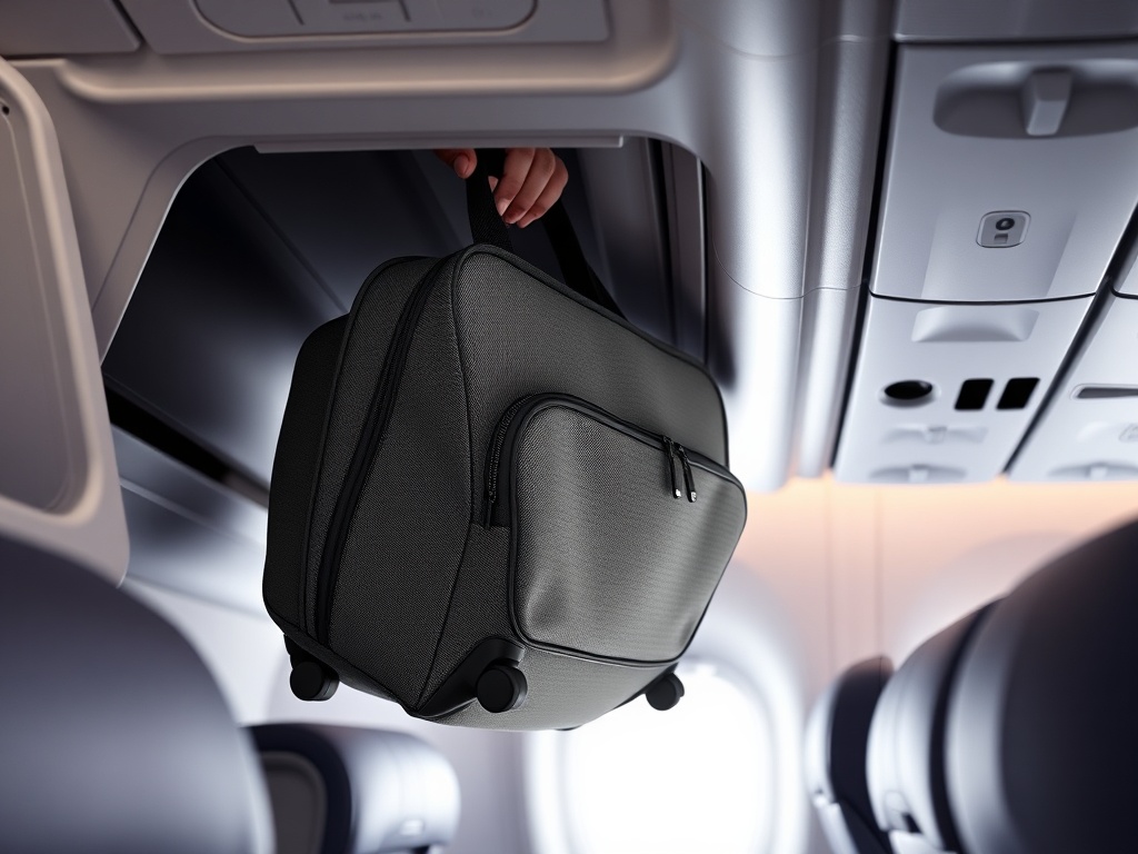 비행기 선반의 좁은 공간에 유연하게 들어가는 소프트 가방의 모습