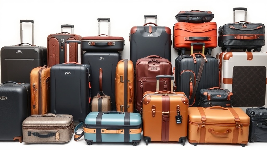 크기와 소재가 다른 다양한 종류의 여행 가방들이 깔끔하게 정렬되어 있는 모습